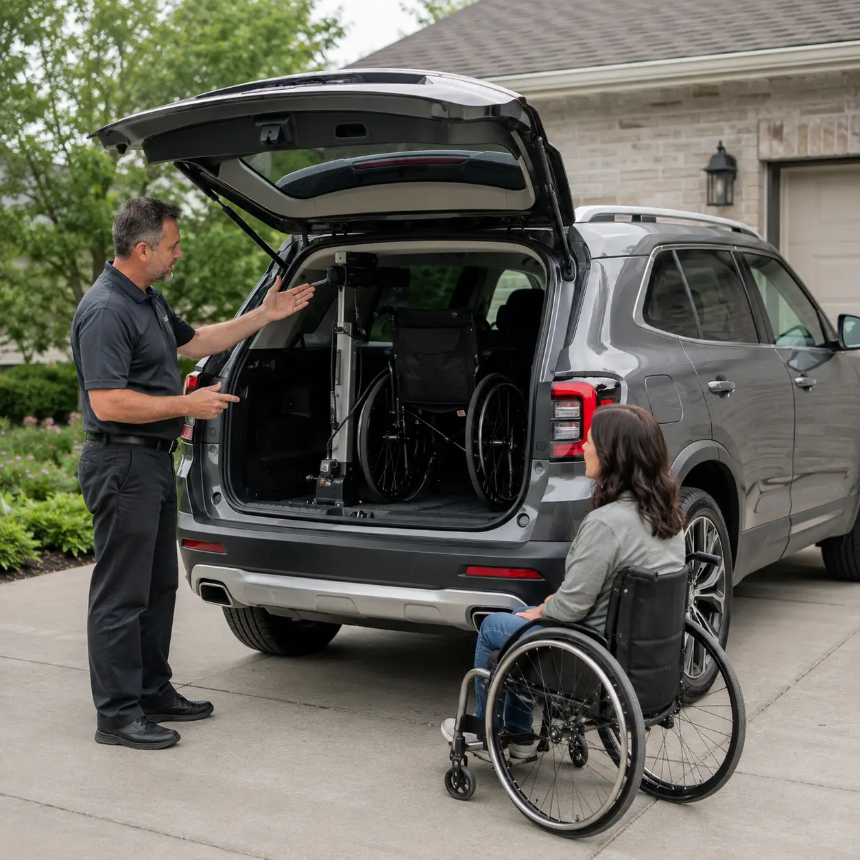 Mobility specialist reviewing an interior vehicle lift with a wheelchair user.
