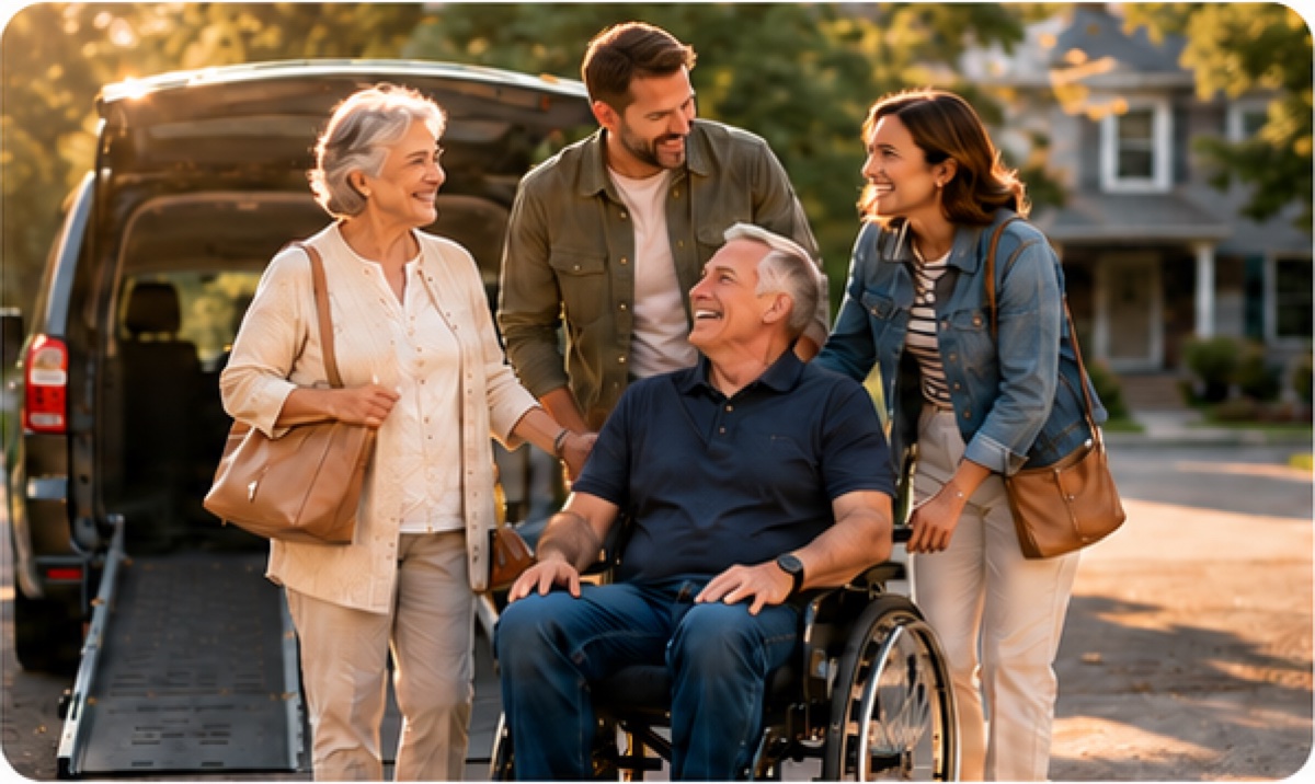 Family beside an accessible van