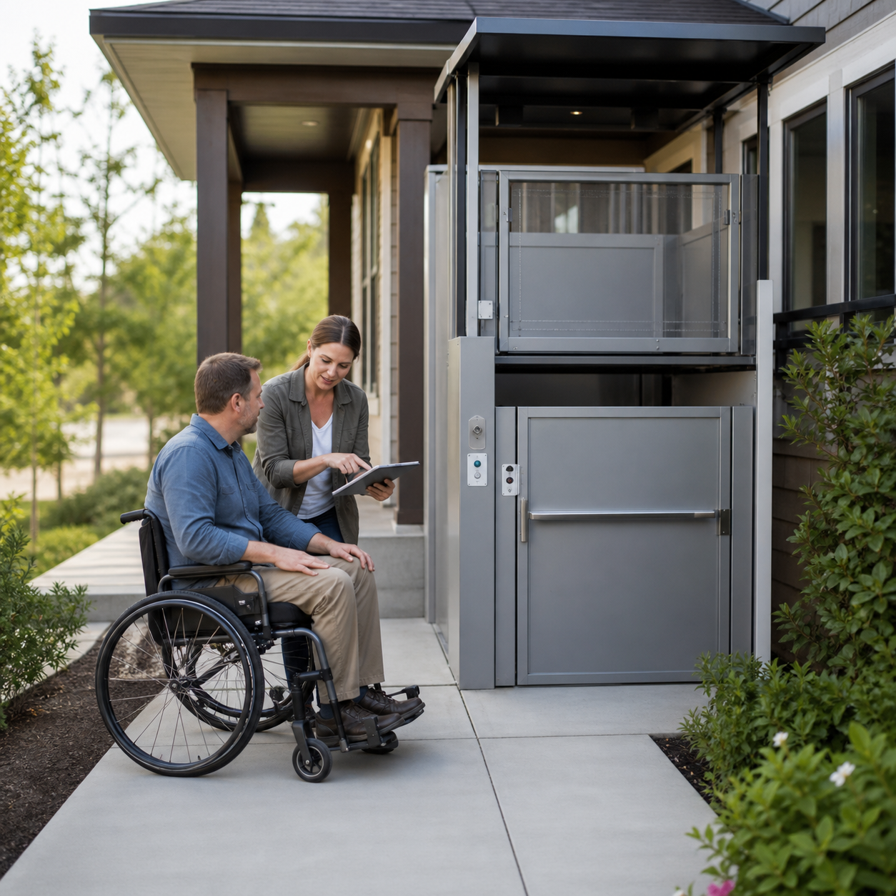 Wheelchair user and specialist reviewing an enclosed outdoor platform lift.