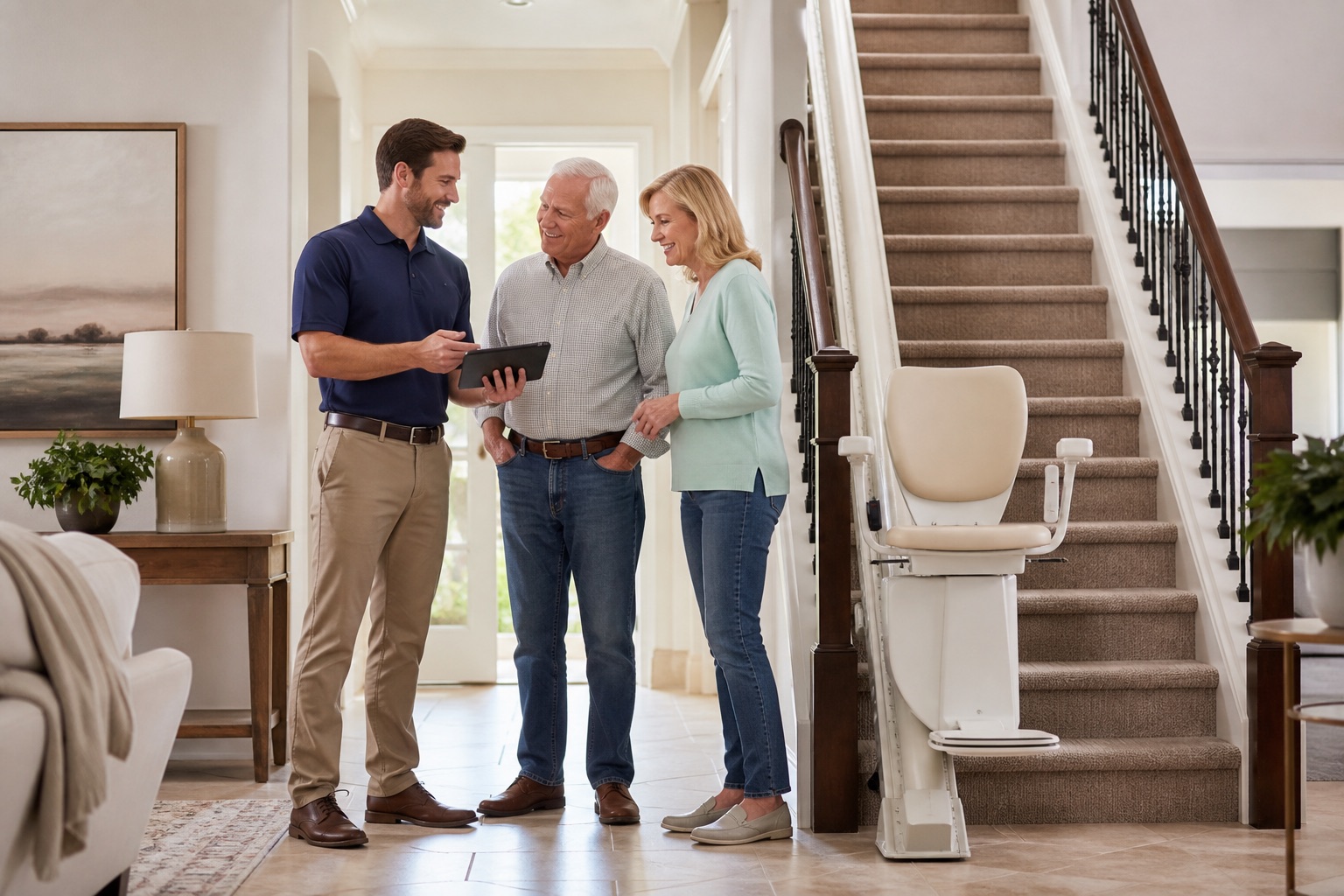 Mobility specialist conducting a stair lift home assessment.