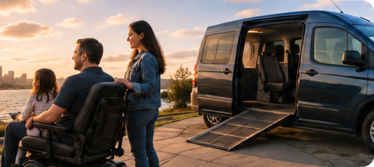 Family outing beside an accessible van at sunset