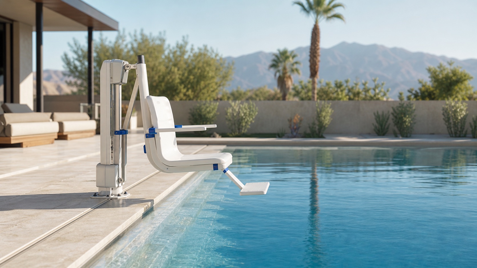 Accessible pool lift installed beside a residential pool.