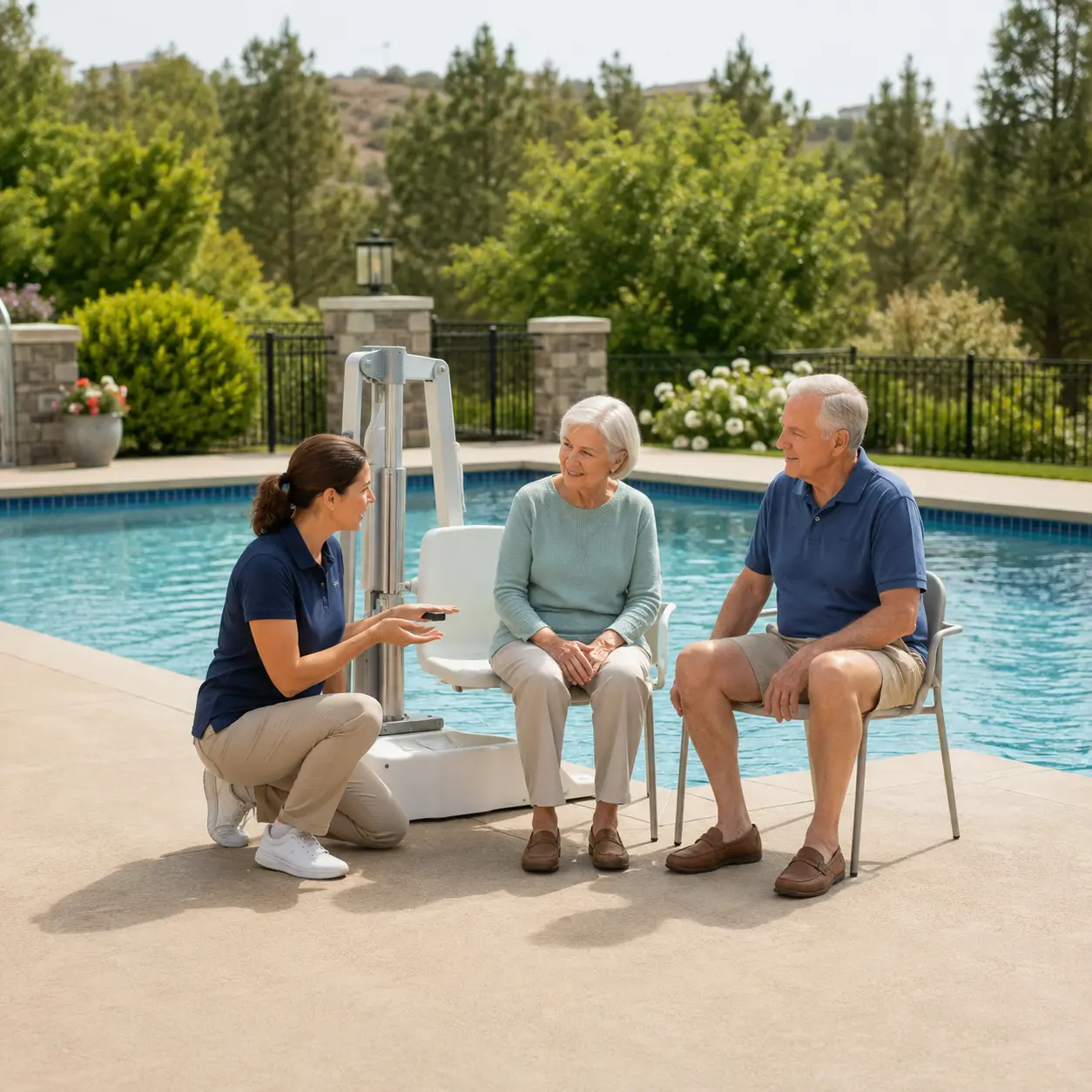 Accessibility specialist and older couple centered beside a pool lift during a consultation.