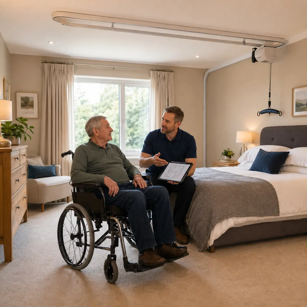 Ceiling lift rail plan visible in a home bedroom during a calm accessibility walkthrough.