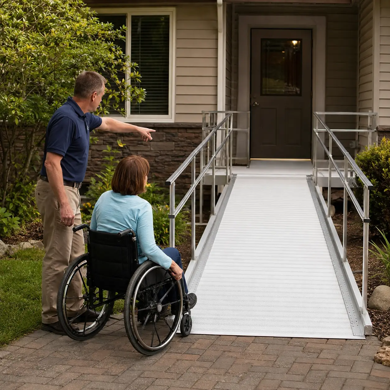 Mobility specialist reviewing a modular ramp route with a wheelchair user.