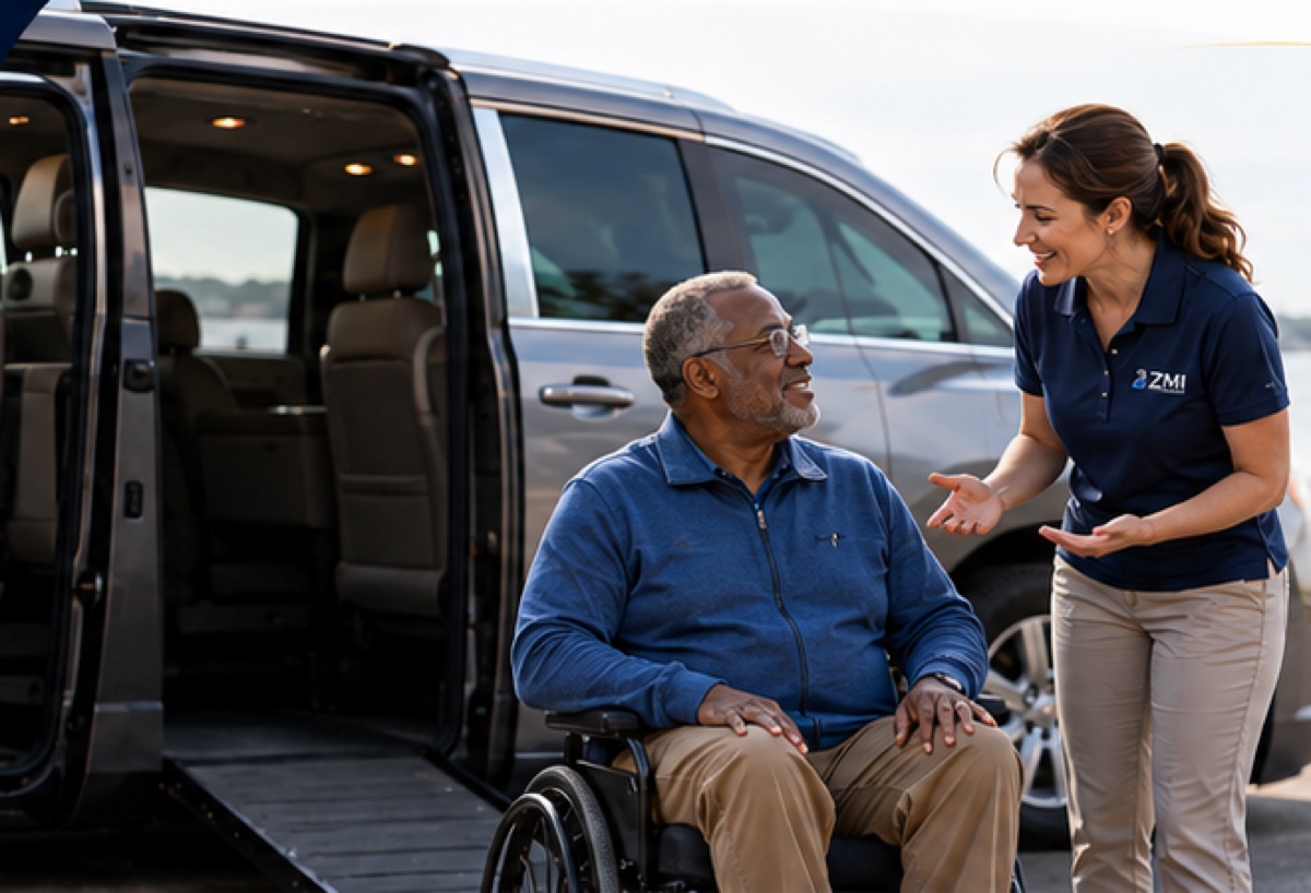 Mobility specialist helping a wheelchair user beside an accessible van