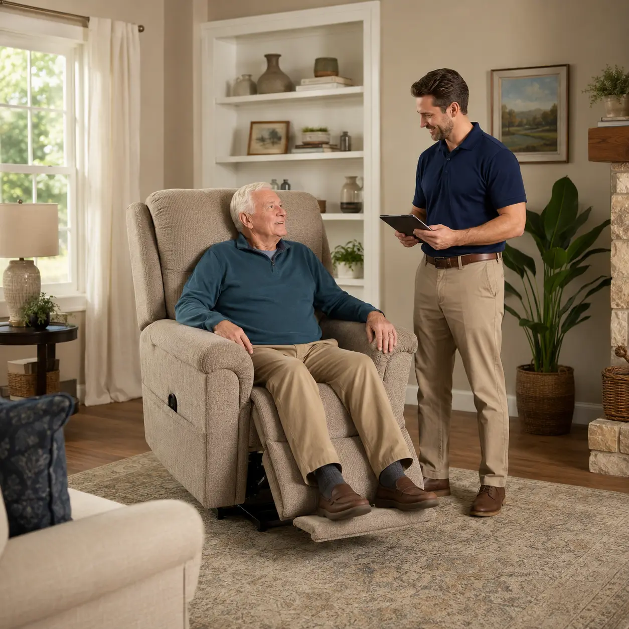 Mobility specialist reviewing lift chair fit and living-room comfort.