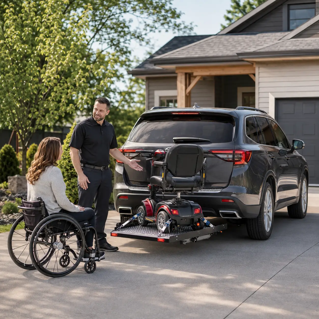 Wheelchair user and mobility specialist reviewing a hitch-mounted scooter lift beside an SUV.