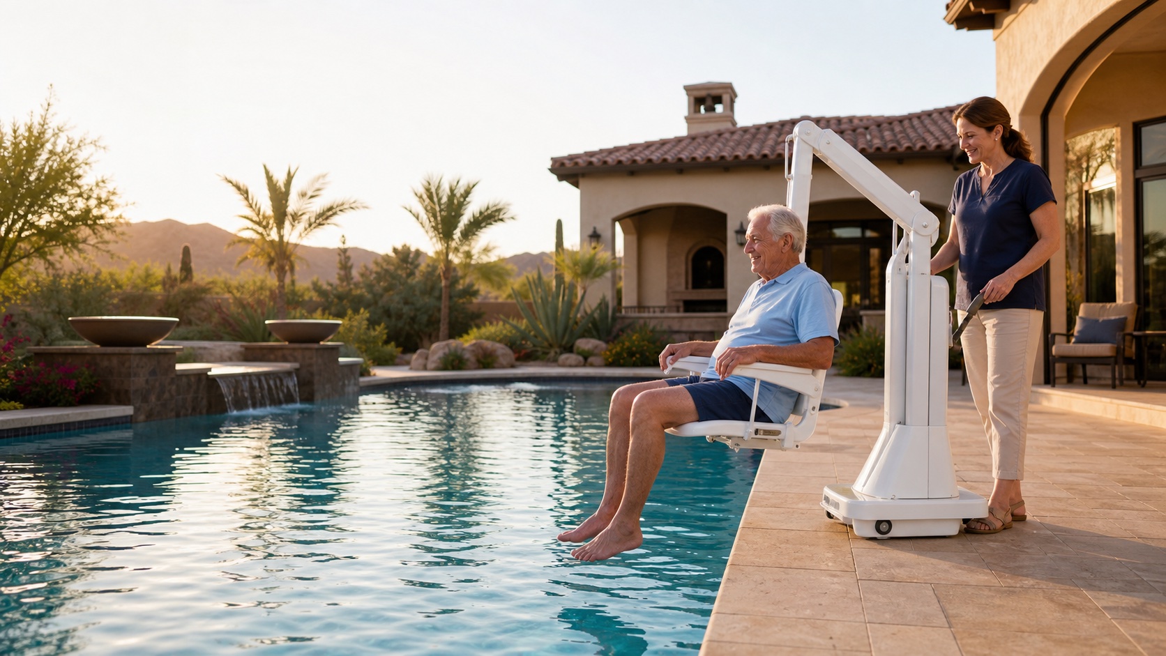 Older adult using a pool lift with a family member nearby at a residential pool.