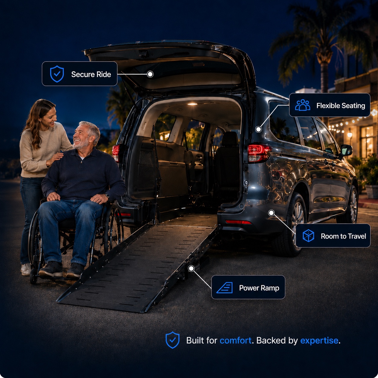 Accessible van at night with wheelchair-access features