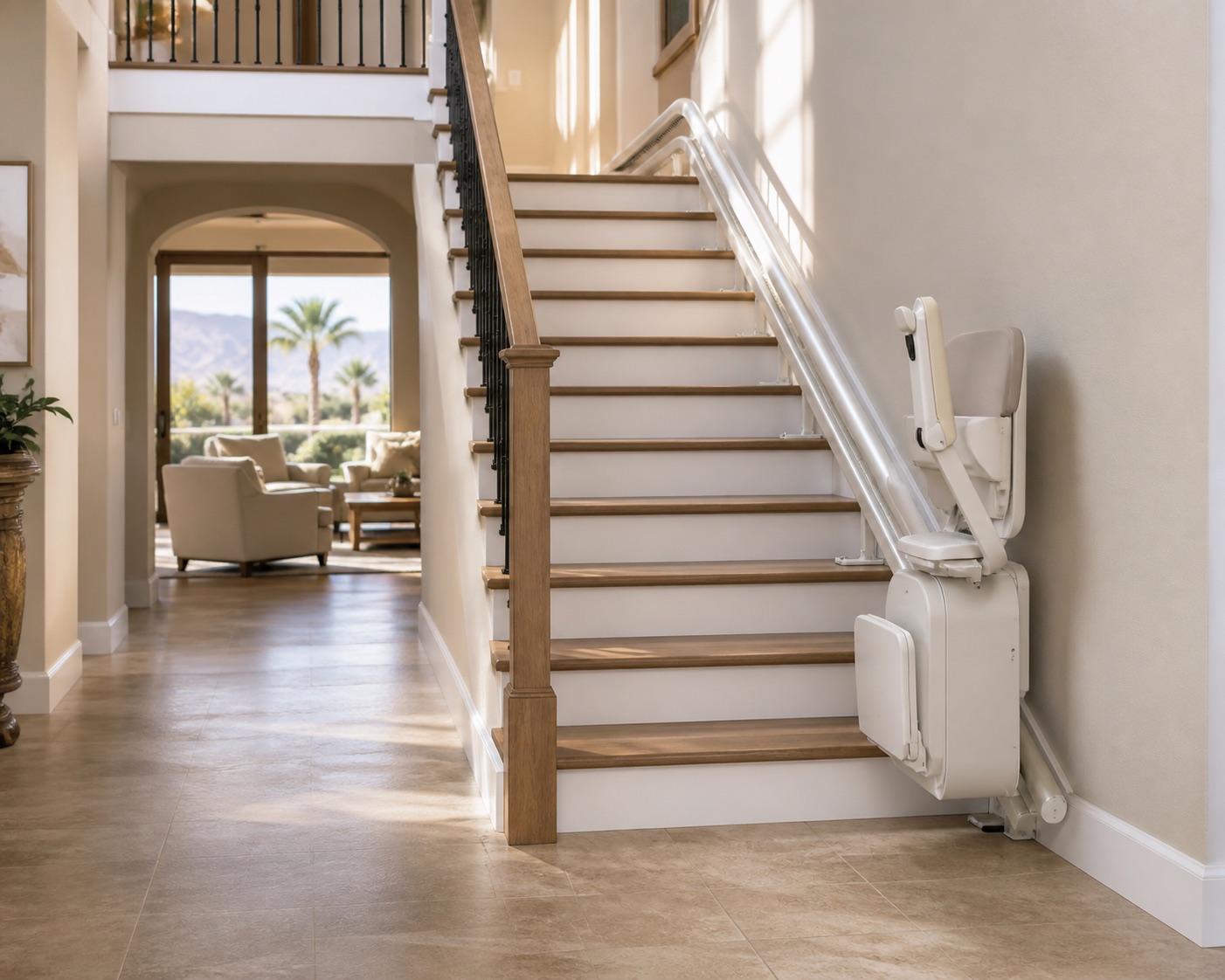 Stair lift fitted to a home staircase.