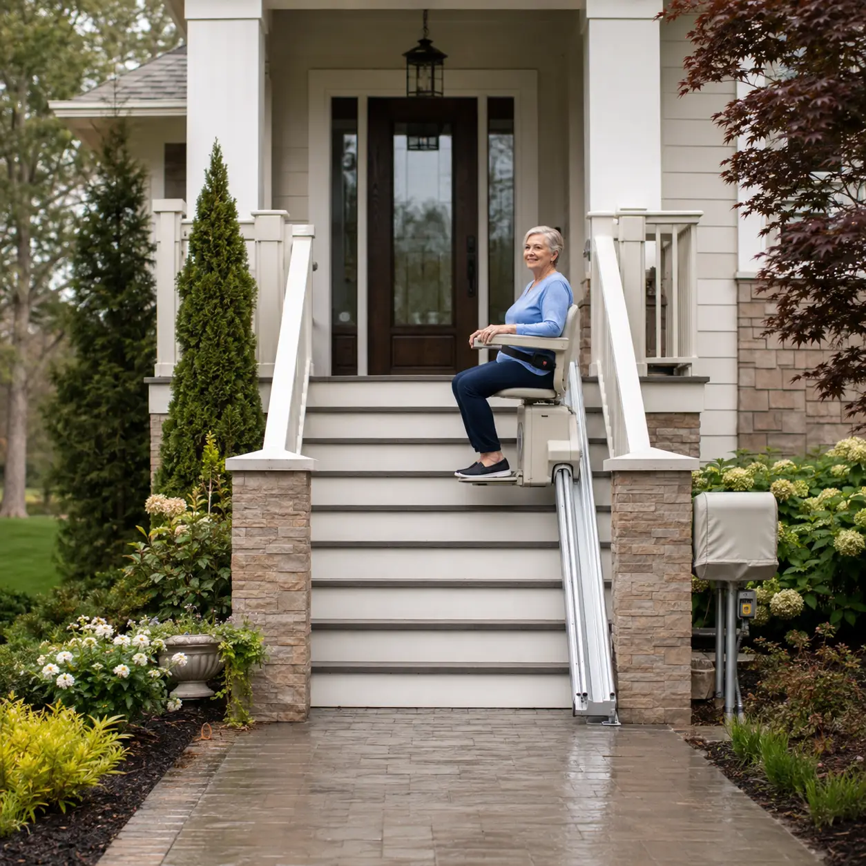 Outdoor stairlift providing weather-ready access to a home entry.
