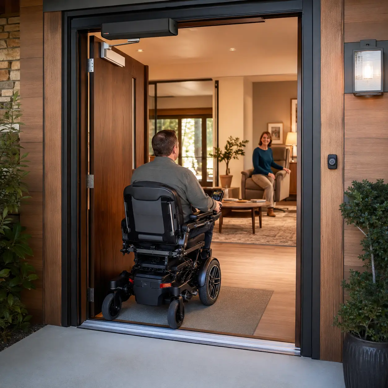 Wheelchair user entering a comfortable home through an automatic door on a level path.