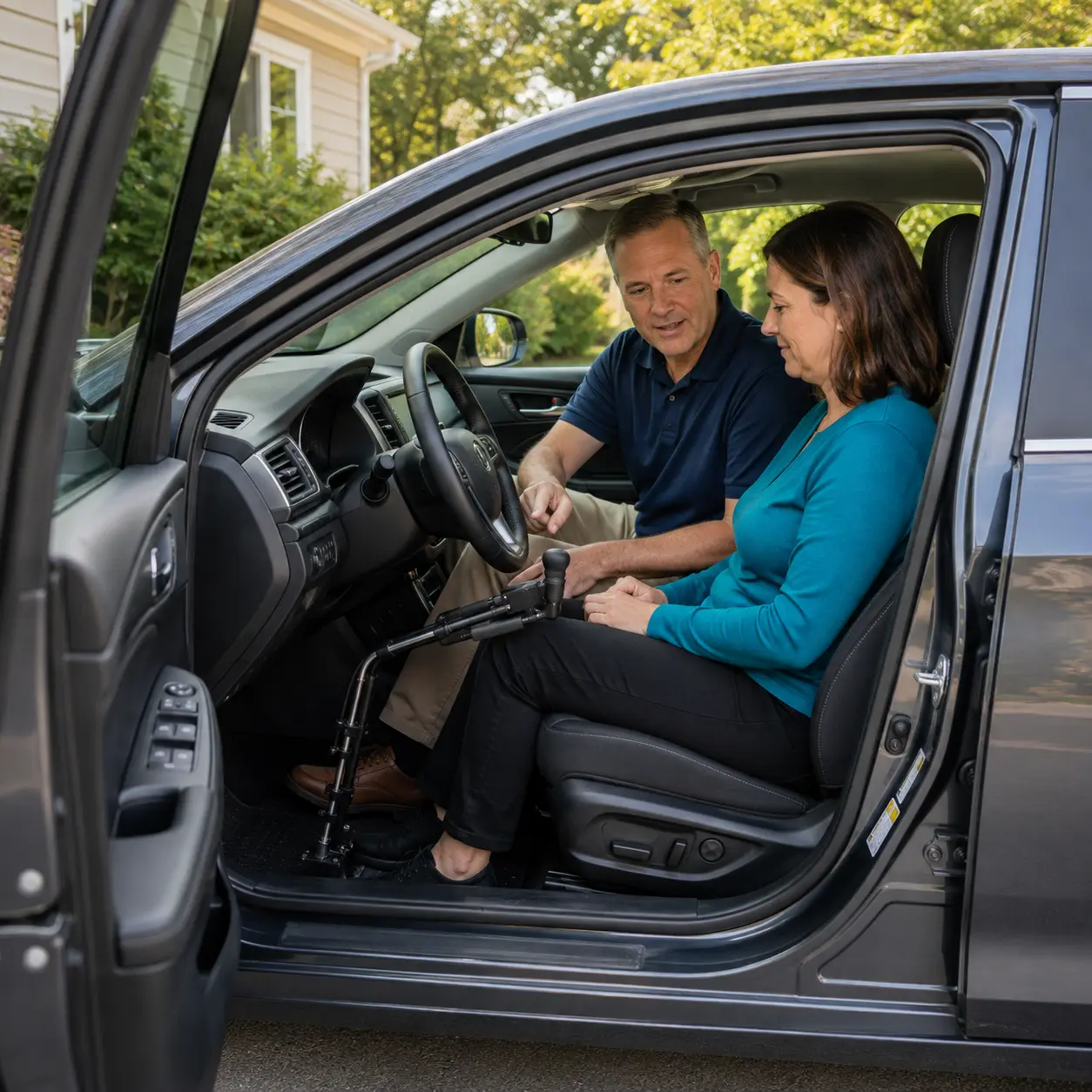 Mobility specialist explaining hand controls in a parked vehicle.