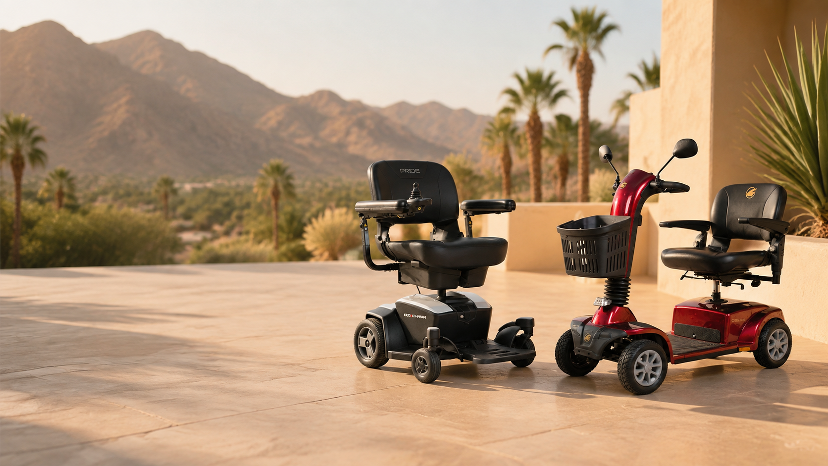 Illustrative scene based on ZMI catalog photos of a Golden scooter and Pride Go-Chair