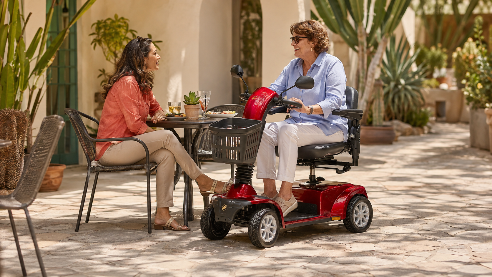Illustration of a woman on a red Golden-style scooter enjoying a cafe visit with a friend