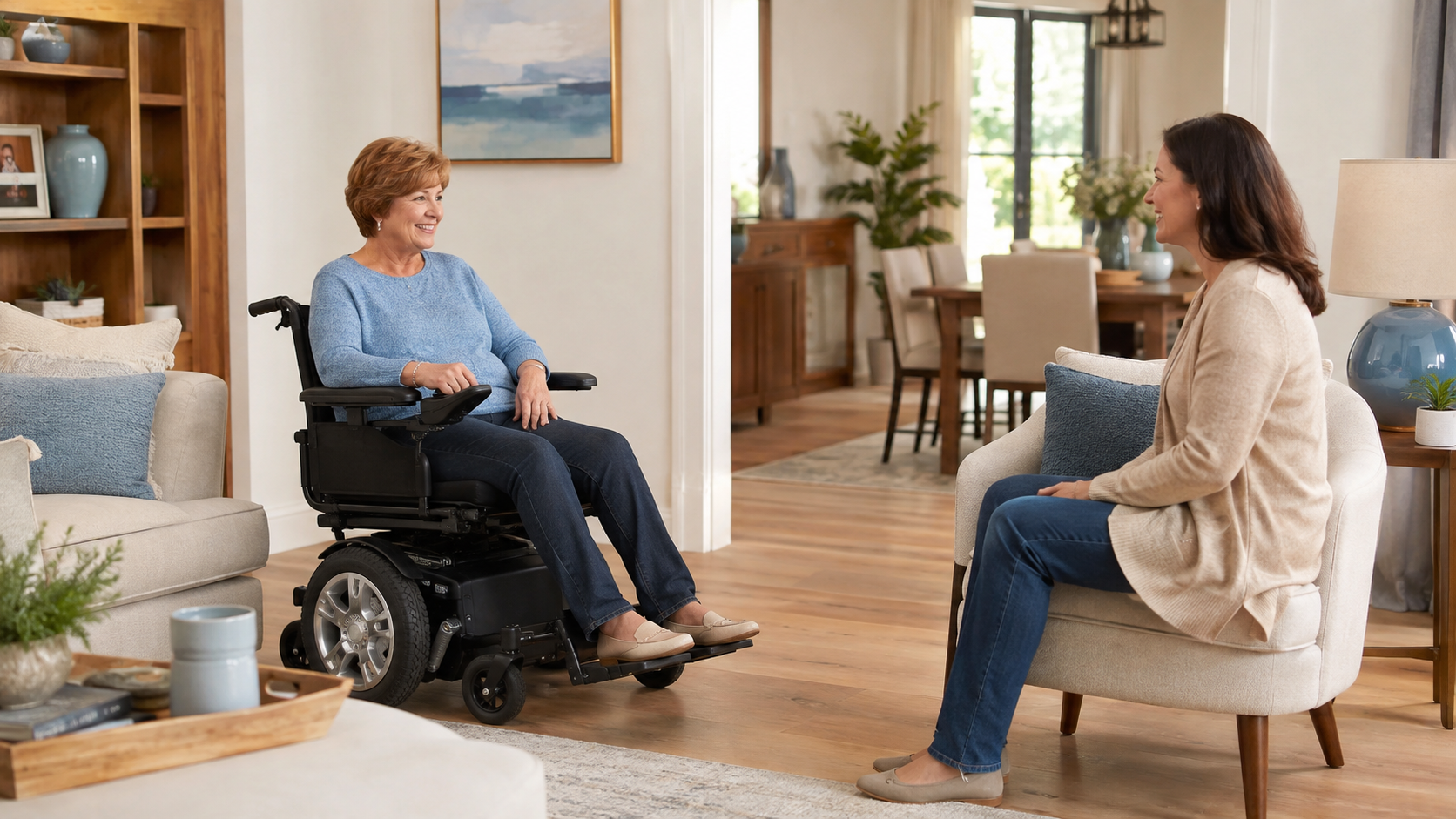 Illustration of a power-chair user talking with a friend in an open living room