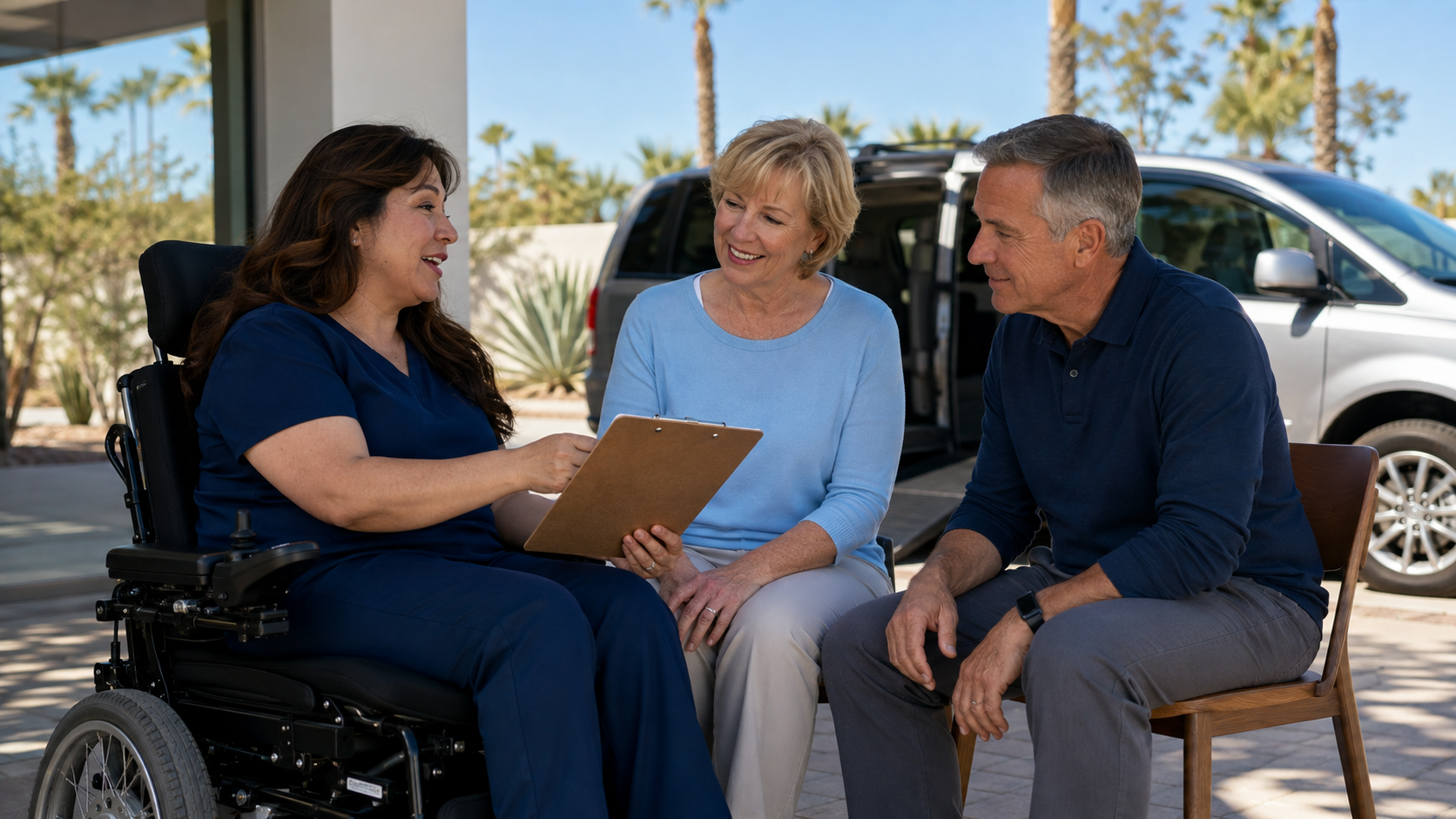 Illustration of a wheelchair user discussing travel plans with two companions