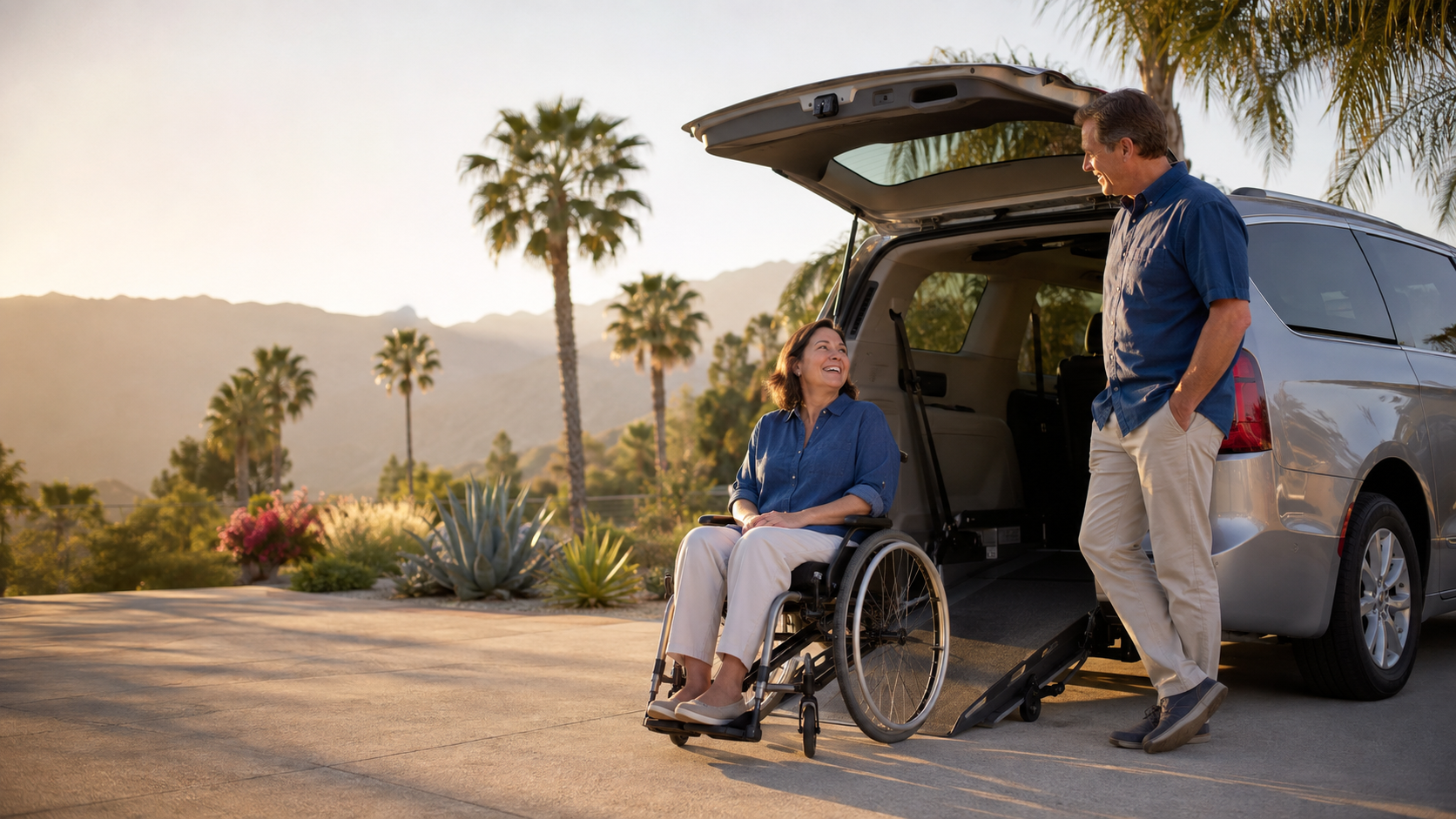 Illustration of a woman using a wheelchair and her companion beside an accessible van