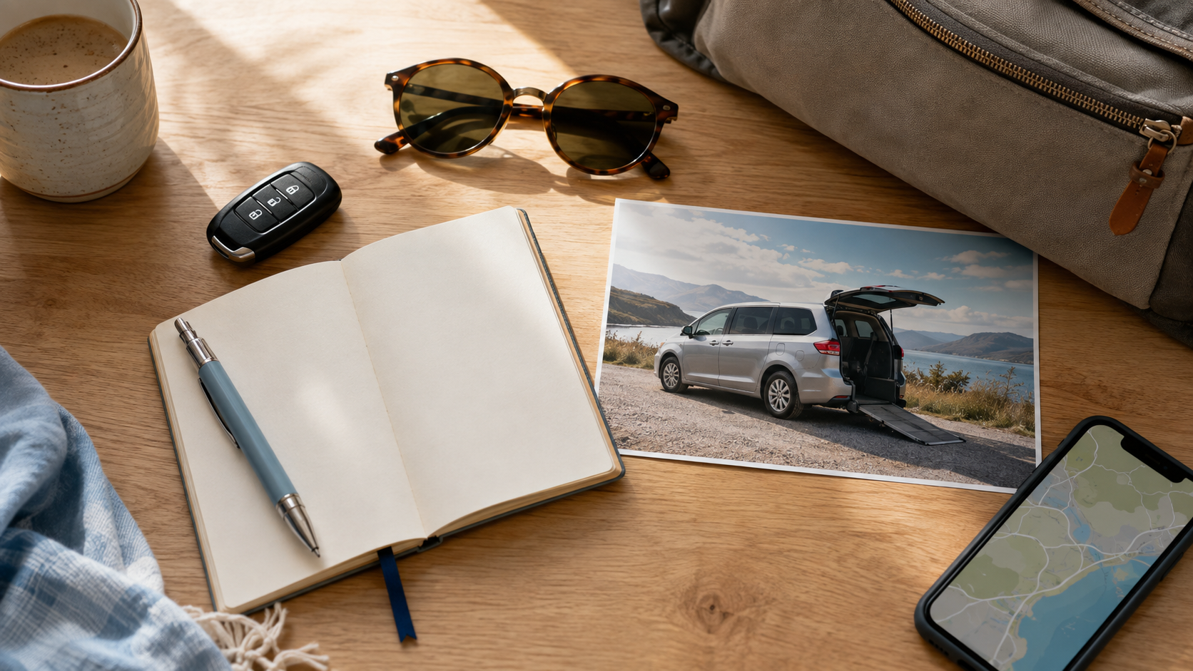Illustration of a travel notebook, car keys, and a photograph of an accessible van